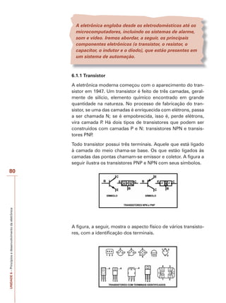 80 
UNIDADE 6 – Princípios e desenvolvimento da eletrônica 
A eletrônica engloba desde os eletrodomésticos até os 
microcomputadores, incluindo os sistemas de alarme, 
som e vídeo. Iremos abordar, a seguir, os principais 
componentes eletrônicos (o transistor, o resistor, o 
capacitor, o indutor e o diodo), que estão presentes em 
um sistema de automação. 
6.1.1 Transistor 
A eletrônica moderna começou com o aparecimento do tran-sistor 
em 1947. Um transistor é feito de três camadas, geral-mente 
de silício, elemento químico encontrado em grande 
quantidade na natureza. No processo de fabricação do tran-sistor, 
se uma das camadas é enriquecida com elétrons, passa 
a ser chamada N; se é empobrecida, isso é, perde elétrons, 
vira camada P. Há dois tipos de transistores que podem ser 
construídos com camadas P e N: transistores NPN e transis-tores 
PNP. 
Todo transistor possui três terminais. Aquele que está ligado 
à camada do meio chama-se base. Os que estão ligados às 
camadas das pontas chamam-se emissor e coletor. A figura a 
seguir ilustra os transistores PNP e NPN com seus símbolos. 
A figura, a seguir, mostra o aspecto físico de vários transisto-res, 
com a identificação dos terminais. 
 