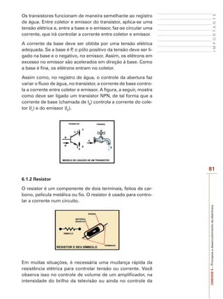I M P O R T A N T E 
81 
UNIDADE 6 – Princípios e desenvolvimento da eletrônica 
Os transistores funcionam de maneira semelhante ao registro 
de água. Entre coletor e emissor do transistor, aplica-se uma 
tensão elétrica e, entre a base e o emissor, faz-se circular uma 
corrente, que irá controlar a corrente entre coletor e emissor. 
A corrente da base deve ser obtida por uma tensão elétrica 
adequada. Se a base é P, o pólo positivo da tensão deve ser li-gado 
na base e o negativo, no emissor. Assim, os elétrons em 
excesso no emissor são acelerados em direção à base. Como 
a base é fina, os elétrons entram no coletor. 
Assim como, no registro de água, o controle da abertura faz 
variar o fluxo de água, no transistor, a corrente de base contro-la 
a corrente entre coletor e emissor. A figura, a seguir, mostra 
como deve ser ligado um transistor NPN, de tal forma que a 
corrente de base (chamada de IB) controla a corrente do cole-tor 
(Ic) e do emissor (IE). 
6.1.2 Resistor 
O resistor é um componente de dois terminais, feitos de car-bono, 
película metálica ou fio. O resistor é usado para contro-lar 
a corrente num circuito. 
Em muitas situações, é necessária uma mudança rápida da 
resistência elétrica para controlar tensão ou corrente. Você 
observa isso no controle de volume de um amplificador, na 
intensidade do brilho da televisão ou ainda no controle da 
 