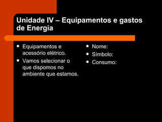 Unidade IV – Equipamentos e gastos de Energia Equipamentos e acessório elétrico. Vamos selecionar o que dispomos no ambiente que estamos.  Nome: Símbolo: Consumo: 