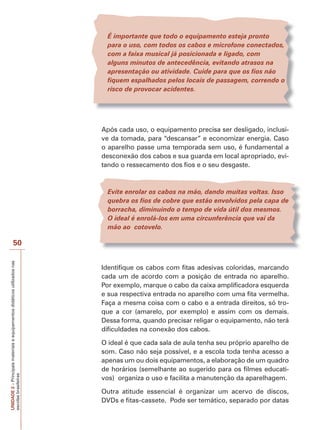 É importante que todo o equipamento esteja pronto
para o uso, com todos os cabos e microfone conectados,
com a faixa musical já posicionada e ligado, com
alguns minutos de antecedência, evitando atrasos na
apresentação ou atividade. Cuide para que os fios não
fiquem espalhados pelos locais de passagem, correndo o
risco de provocar acidentes.

Após cada uso, o equipamento precisa ser desligado, inclusive da tomada, para “descansar” e economizar energia. Caso
o aparelho passe uma temporada sem uso, é fundamental a
desconexão dos cabos e sua guarda em local apropriado, evitando o ressecamento dos fios e o seu desgaste.

Evite enrolar os cabos na mão, dando muitas voltas. Isso
quebra os fios de cobre que estão envolvidos pela capa de
borracha, diminuindo o tempo de vida útil dos mesmos.
O ideal é enrolá-los em uma circunferência que vai da
mão ao cotovelo.

UNIDADE 2 – Principais materiais e equipamentos didáticos utilizados nas
escolas brasileiras

50
Identifique os cabos com fitas adesivas coloridas, marcando
cada um de acordo com a posição de entrada no aparelho.
Por exemplo, marque o cabo da caixa amplificadora esquerda
e sua respectiva entrada no aparelho com uma fita vermelha.
Faça a mesma coisa com o cabo e a entrada direitos, só troque a cor (amarelo, por exemplo) e assim com os demais.
Dessa forma, quando precisar religar o equipamento, não terá
dificuldades na conexão dos cabos.
O ideal é que cada sala de aula tenha seu próprio aparelho de
som. Caso não seja possível, e a escola toda tenha acesso a
apenas um ou dois equipamentos, a elaboração de um quadro
de horários (semelhante ao sugerido para os filmes educativos) organiza o uso e facilita a manutenção da aparelhagem.
Outra atitude essencial é organizar um acervo de discos,
DVDs e fitas-cassete. Pode ser temático, separado por datas

 