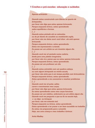 1 Creches e pré-escolas: educação e cuidados
Apenas brincando

UNIDADE 4 – Equipamentos didáticos na educação infantil

72

Quando estou construindo com blocos no quarto de
brinquedos,
por favor não diga que estou apenas brincando.
Porque enquanto brinco, estou aprendendo
sobre equilíbrios e formas.
[…]
Quando estou pintado até os cotovelos,
ou de pé diante do cavalete ou modelando argila,
por favor não me deixe ouvir você dizer: ele está apenas
brincando.
Porque enquanto brinco, estou aprendendo.
Estou me expressando e criando.
Eu posso ser um artista ou um inventor algum dia.
[…]
Quando você me vê sentado numa cadeira,
lendo para uma platéia imaginária,
por favor não ria e pense que eu estou apenas brincando.
Porque enquanto brinco, estou aprendendo.
Eu posso ser um professor um dia.
[…]
Quando estou entretido com um quebra-cabeça,
ou com algum brinquedo na minha escola,
por favor não sinta que é um tempo perdido com brincadeiras.
Porque enquanto brinco, estou aprendendo.
Estou aprendendo a me concentrar e resolver problemas.
[…]
Quando você me vê pular, saltar,
correr e movimentar meu corpo,
por favor não diga que estou apenas brincando.
Eu estou aprendendo como meu corpo funciona.
Eu posso ser um médico, enfermeiro ou um atleta algum dia.
Quando você me pergunta o que eu fiz na escola hoje,
e eu digo: eu brinquei,
por favor, não me entenda mal.
Porque enquanto eu brinco, estou aprendendo.
Estou aprendendo a ter prazer e ser bem-sucedido no trabalho.
Eu estou me preparando para o amanhã.
Hoje, sou uma criança e meu trabalho é brincar.
Anita Wadley

 