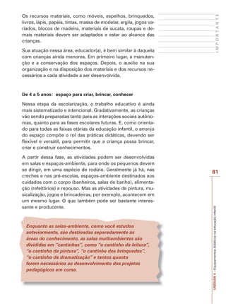 Sua atuação nessa área, educador(a), é bem similar à daquela
com crianças ainda menores. Em primeiro lugar, a manutenção e a conservação dos espaços. Depois, o auxílio na sua
organização e na disposição dos materiais e dos recursos necessários a cada atividade a ser desenvolvida.

IMPORTANTE

Os recursos materiais, como móveis, espelhos, brinquedos,
livros, lápis, papéis, tintas, massa de modelar, argila, jogos variados, blocos de madeira, materiais de sucata, roupas e demais materiais devem ser adaptados e estar ao alcance das
crianças.

De 4 a 5 anos: espaço para criar, brincar, conhecer
Nessa etapa da escolarização, o trabalho educativo é ainda
mais sistematizado e intencional. Gradativamente, as crianças
vão sendo preparadas tanto para as interações sociais autônomas, quanto para as fases escolares futuras. E, como orientado para todas as faixas etárias da educação infantil, o arranjo
do espaço compõe o rol das práticas didáticas, devendo ser
flexível e versátil, para permitir que a criança possa brincar,
criar e construir conhecimentos.

Enquanto as salas-ambiente, como você estudou
anteriormente, são destinadas separadamente às
áreas do conhecimento, as salas multiambientes são
divididas em “cantinhos”, como “o cantinho da leitura”,
“o cantinho da pintura”, “o cantinho dos brinquedos”,
“o cantinho da dramatização” e tantos quanto
forem necessários ao desenvolvimento dos projetos
pedagógicos em curso.

81

UNIDADE 4 – Equipamentos didáticos na educação infantil

A partir dessa fase, as atividades podem ser desenvolvidas
em salas e espaços-ambiente, para onde os pequenos devem
se dirigir, em uma espécie de rodízio. Geralmente já há, nas
creches e nas pré-escolas, espaços-ambiente destinados aos
cuidados com o corpo (banheiros, salas de banho), alimentação (refeitórios) e repouso. Mas as atividades de pintura, musicalização, jogos e brincadeiras, por exemplo, acontecem em
um mesmo lugar. O que também pode ser bastante interessante e producente.

 