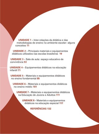 UNIDADE 1 – Inter-relações da didática e das
metodologias de ensino no ambiente escolar: alguns
conceitos 11
UNIDADE 2 – Principais materiais e equipamentos
didáticos utilizados nas escolas brasileiras 19
UNIDADE 3 – Sala de aula: espaço educativo de
convivência 53
UNIDADE 4 – Equipamentos didáticos na educação
infantil 71
UNIDADE 5 – Materiais e equipamentos didáticos
no ensino fundamental 85
UNIDADE 6 – Materiais e equipamentos didáticos
no ensino médio 101
UNIDADE 7 – Materiais e equipamentos didáticos
na Educação de Jovens e Adultos 111
UNIDADE 8 – Materiais e equipamentos
didáticos na educação especial 117
REFERÊNCIAS 132
 