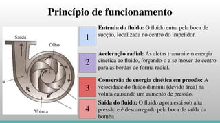 Princípio de funcionamento
Aceleração radial: As aletas transmitem energia
cinética ao ﬂuido, forçando-o a se mover do centro
para as bordas de forma radial.
Entrada do ﬂuido: O ﬂuido entra pela boca de
sucção, localizada no centro do impelidor.
Conversão de energia cinética em pressão: A
velocidade do ﬂuido diminui (devido área) na
voluta causando um aumento de pressão.
Saída do ﬂuido: O ﬂuido agora está sob alta
pressão e é descarregado pela boca de saída da
bomba.
1
2
3
4
 