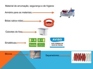 Armário para os materiais;
Bóias salva-vidas;
Caixotes do lixo;
Sinaléticas;
Blocos;
Material de arrumação, segurança e de higiene
Separadores;
 