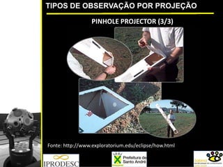 TIPOS DE OBSERVAÇÃO POR PROJEÇÃO
PINHOLE PROJECTOR (3/3)
Fonte: http://www.exploratorium.edu/eclipse/how.html
 