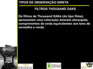TIPOS DE OBSERVAÇÃO DIRETA
FILTROS THOUSAND OAKS
Os filtros da Thousand OAKs (do tipo filme),
apresentam uma coloração amarelo alaranjada,
comprimentos de onda equivalentes aos tons de
vermelho e verde.
 