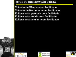 TIPOS DE OBSERVAÇÃO DIRETA
Trânsito de Vênus - com facilidade
Trânsito de Mercúrio - com facilidade
Eclipse solar parcial - com facilidade
Eclipse solar total - com facilidade
Eclipse solar anular - com facilidade
 