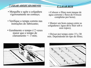 7º FIXAR ADEQUADAMENTE
• Mergulhe e agite a colgadura
vigorosamente no começo;
• Verifique o tempo correto nas
instruções do fabricante;
• Geralmente o tempo é 2 vezes
maior que o tempo de
clareamento +- 3 min;
8º LAVAR BEM
• Colocar o filme num tanque de
água corrente ( fluxo de 8 trocas
completas por hora);
• Manter um bom espaço entre as
colgaduras ( água deve fluir sob o
seus topos);
• Deixar por tempo entre 15 e 30
min. Dependendo do tipo de filme;
 