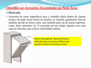 Utensílios ou Acessórios Encontrados na Parte Seca:
Bancada:
 Acessório de suma importância para o trabalho diário dentro da câmara
escura; ela pode serem forma de armário ou cômoda, geralmente feita de
madeira, devido ao baixo custo; mas também pode ser de outros materiais,
como: ferro, alumínio, etc. É revestida em seu tampo superior com uma
capa de borracha, para evitar a eletricidade estática
Móvel chamado de “burra de filmes”,
utilizado para armazenar filmes não
expostos dentro da câmara escura.
 