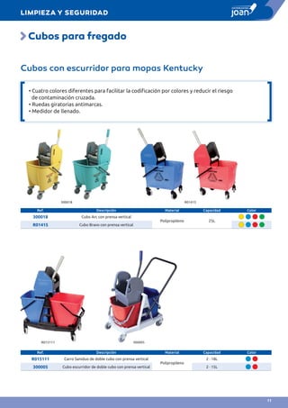 Cubos con escurridor para mopas Kentucky
• Cuatro colores diferentes para facilitar la codificación por colores y reducir el riesgo
de contaminación cruzada.
• Ruedas giratorias antimarcas.
• Medidor de llenado.
Ref. Descripción Material Capacidad Color
300018 Cubo Arc con prensa vertical
Polipropileno 25L
R01415 Cubo Bravo con prensa vertical
Ref. Descripción Material Capacidad Color
R015111 Carro Saniduo de doble cubo con prensa vertical
Polipropileno
2 · 18L
300005 Cubo escurridor de doble cubo con prensa vertical 2 · 15L
300018 R01415
Cubos para fregado
R015111 300005
LIMPIEZA Y SEGURIDAD
11
 