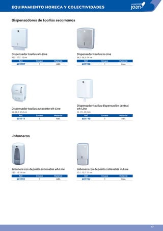 Dispensadores de toallas secamanos
Jaboneras
Dispensador toallas wh-Line
36,5 · 27,5 · 13 cm
Ref. Envase Material
601707 1 ABS
Jabonera con depósito rellenable wh-Line
23,5 · 13 · 10 cm
Ref. Envase Material
601701 1 ABS
Jabonera con depósito rellenable in-Line
27,1 · 12,7 · 11 cm
Ref. Envase Material
601702 1 Inox
Dispensador toallas in-Line
34,3 · 26,3 · 14 cm
Ref. Envase Material
601708 1 Inox
Dispensador toallas autocorte wh-Line
36 · 28,5 · 23,5 cm
Ref. Envase Material
601711 1 ABS
Dispensador toallas dispensación central
wh-Line
34 · 23 · 23,4 cm
Ref. Envase Material
601710 1 ABS
EQUIPAMIENTO HORECA Y COLECTIVIDADES
47
 