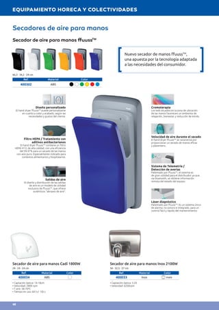 Secadores de aire para manos
66,3 · 34,2 · 24 cm
Ref. Material Color
400302 ABS
Secador de aire para manos Cadí 1800W
24 · 24 · 24 cm
Ref. Material Color
400034 ABS
• Captación óptica: 14-18cm
• Velocidad: 2800 rpm
• T aire: 58-70ºC
• Tiempo en uso: 60 (+/- 10) s
Secador de aire para manos Inox 2100W
56 · 32,5 · 27 cm
Ref. Material Color
400033 Inox mate
• Captación óptica: 5-20
• Velocidad: 6200rpm
Secador de aire para manos ffuussTM
Diseño personalizado
El hand dryer ffuussTM
puede personalizarse
en cuanto a color y acabado, según las
necesidades y gustos del cliente.
Filtro HEPA / Tratamiento con
aditivos antibacterianos
El hand dryer ffuussTM
contiene un filtro
HEPA H13, de alta calidad, con una eficiencia
del 99.97% para un secado de las manos
con aire puro. Especialmente indicado para
contextos alimentarios y hospitalarios.
Salidas de aire
El diseño y distribución de las salidas
de aire es un modelo de utilidad
exclusivo de ffuussTM
, que ofrece
auténticos “abrazos de aire”.
Cromoterapia
Los leds situados en la zona de ubicación
de las manos favorecen un ambiente de
relajación, bienestar y reducción de estrés.
Velocidad de aire durante el secado
El hand dryer ffuussTM
se caracteriza por
proporcionar un secado de manos eficaz
y placentero.
Sistema de Telemetría /
Detección de averías
Patentado por ffuussTM
, el sistema es
de gran utilidad para el distribuidor ya que,
vía bluetooth, se obtiene información
remota del estado del equipo.
Láser diagnóstico
Patentado por ffuussTM
. Es un sistema único
de alarma, no sonoro e integrado, para un
control fácil y rápido del mantenimiento.
Nuevo secador de manos ffuussTM
,
una apuesta por la tecnología adaptada
a las necesidades del consumidor.
EQUIPAMIENTO HORECA Y COLECTIVIDADES
48
 