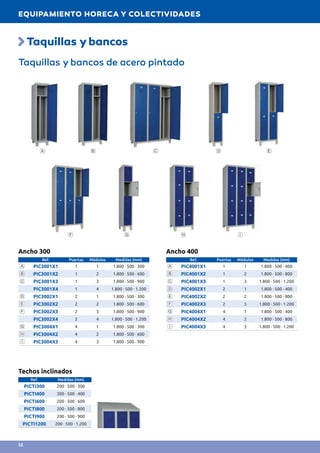 Ancho 300
Ref. Puertas Módulos Medidas (mm)
A PIC3001X1 1 1 1.800 · 500 · 300
B PIC3001X2 1 2 1.800 · 500 · 600
C PIC3001X3 1 3 1.800 · 500 · 900
PIC3001X4 1 4 1.800 · 500 · 1.200
D PIC3002X1 2 1 1.800 · 500 · 300
E PIC3002X2 2 2 1.800 · 500 · 600
F PIC3002X3 2 3 1.800 · 500 · 900
PIC3002X4 2 4 1.800 · 500 · 1.200
G PIC3004X1 4 1 1.800 · 500 · 300
H PIC3004X2 4 2 1.800 · 500 · 600
I PIC3004X3 4 3 1.800 · 500 · 900
Techos inclinados
Ref. Medidas (mm)
PICTI300 200 · 500 · 300
PICTI400 200 · 500 · 400
PICTI600 200 · 500 · 600
PICTI800 200 · 500 · 800
PICTI900 200 · 500 · 900
PICTI1200 200 · 500 · 1.200
Ancho 400
Ref. Puertas Módulos Medidas (mm)
A PIC4001X1 1 1 1.800 · 500 · 400
B PIC4001X2 1 2 1.800 · 500 · 800
C PIC4001X3 1 3 1.800 · 500 · 1.200
D PIC4002X1 2 1 1.800 · 500 · 400
E PIC4002X2 2 2 1.800 · 500 · 800
F PIC4002X3 2 3 1.800 · 500 · 1.200
G PIC4004X1 4 1 1.800 · 500 · 400
H PIC4004X2 4 2 1.800 · 500 · 800
I PIC4004X3 4 3 1.800 · 500 · 1.200
A B C D E
F G H I
Taquillas ybancos
Taquillas y bancos de acero pintado
EQUIPAMIENTO HORECA Y COLECTIVIDADES
52
 