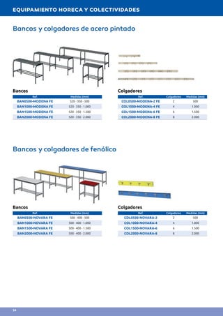 Bancos y colgadores de acero pintado
Bancos y colgadores de fenólico
Bancos
Ref. Medidas (mm)
BAN0500-MODENA FE 520 · 350 · 500
BAN1000-MODENA FE 520 · 350 · 1.000
BAN1500-MODENA FE 520 · 350 · 1.500
BAN2000-MODENA FE 520 · 350 · 2.000
Bancos
Ref. Medidas (mm)
BAN0500-NOVARA FE 500 · 400 · 500
BAN1000-NOVARA FE 500 · 400 · 1.000
BAN1500-NOVARA FE 500 · 400 · 1.500
BAN2000-NOVARA FE 500 · 400 · 2.000
Colgadores
Ref. Colgadores Medidas (mm)
COL0500-MODENA-2 FE 2 500
COL1000-MODENA-4 FE 4 1.000
COL1500-MODENA-6 FE 6 1.500
COL2000-MODENA-8 FE 8 2.000
Colgadores
Ref. Colgadores Medidas (mm)
COL0500-NOVARA-2 2 500
COL1000-NOVARA-4 4 1.000
COL1500-NOVARA-6 6 1.500
COL2000-NOVARA-8 8 2.000
EQUIPAMIENTO HORECA Y COLECTIVIDADES
54
 