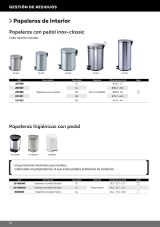 Papeleras de interior
Papeleras con pedal inox-classic
Cubo interior incluido.
Ref. Descripción Capacidad Material Dimensiones (cm) Color
201000
Papelera inox con pedal
3L
Acero inoxidable
Ø16,7 · 27
201007 5L Ø20,3 · 28,4
201004 12L Ø24,8 · 40
201001 20L Ø29,2 · 44,5
201005 30L Ø29,2 · 64
201007201000 201004 201001 201005
Papeleras higiénicas con pedal
Ref. Descripción Capacidad Material Dimensiones (cm) Color
201400MS Papelera con pedal Decobin 5L
Polipropileno
20,5 · 22,7 · 27,7
201400WH Papelera con pedal Decobin 5L 20,5 · 22,7 · 27,7
R000885 Papelera con pedal Vanity 6L 25,3 · 19,5 · 28,4
201400MS 201400WH R000885
• Especialmente diseñadas para lavabos.
• Fabricadas en polipropileno, lo que evita posibles problemas de oxidación.
GESTIÓN DE RESIDUOS
70
 