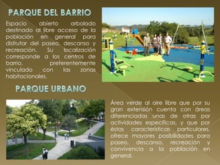 Espacio      abierto      arbolado
destinado al libre acceso de la
población en general para
disfrutar del paseo, descanso y
recreación.     Su    localización
corresponde a los centros de
barrio,          preferentemente
vinculado     con     las    zonas
habitacionales.



                                     Área verde al aire libre que por su
                                     gran extensión cuenta con áreas
                                     diferenciadas unas de otras por
                                     actividades específicas, y que por
                                     éstas características particulares,
                                     ofrece mayores posibilidades para
                                     paseo, descanso, recreación y
                                     convivencia a la población en
                                     general.
 
