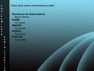 E Q U I P A M I E N T O A D M I N I S T R A T I V O Entre otros centros administrativos están: Residencia de Gobernadores.  Barrio Obrero. SAIME La Castra MINFRA Concordia INDECU Concordia FONTUR Concordia. 