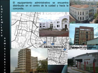 E Q U I P A M I E N T O A D M I N I S T R A T I V O El equipamiento administrativo se encuentra distribuido en el centro de la cuidad y hacia la concordia. Palacio de los Leones SENIAT Edificio Nacional Centro Cívico. 