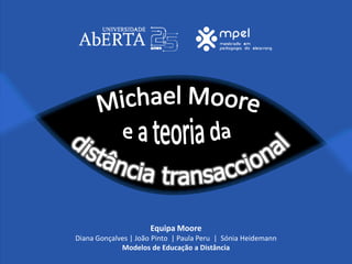Equipa Moore
Diana Gonçalves | João Pinto | Paula Peru | Sónia Heidemann
Modelos de Educação a Distância
 