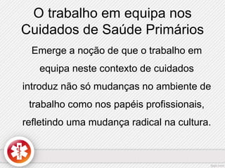 O trabalho em equipa nos 
Cuidados de Saúde Primários 
Emerge a noção de que o trabalho em 
equipa neste contexto de cuidados 
introduz não só mudanças no ambiente de 
trabalho como nos papéis profissionais, 
refletindo uma mudança radical na cultura. 
 