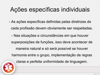Ações específicas individuais 
- As ações específicas definidas pelas diretrizes de 
cada profissão devem obviamente ser respeitadas. 
- Nas situações e circunstâncias em que houver 
superposições de funções, isso deve acontecer de 
maneira natural e só será possível se houver 
harmonia entre o grupo, implementação de regras 
claras e perfeita uniformidade de linguagem. 
 