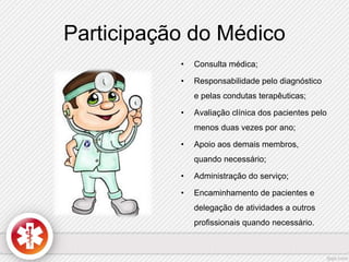 Participação do Médico 
• Consulta médica; 
• Responsabilidade pelo diagnóstico 
e pelas condutas terapêuticas; 
• Avaliação clínica dos pacientes pelo 
menos duas vezes por ano; 
• Apoio aos demais membros, 
quando necessário; 
• Administração do serviço; 
• Encaminhamento de pacientes e 
delegação de atividades a outros 
profissionais quando necessário. 
 