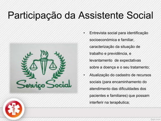Participação da Assistente Social 
• Entrevista social para identificação 
socioeconómica e familiar, 
caracterização da situação de 
trabalho e previdência, e 
levantamento de expectativas 
sobre a doença e o seu tratamento; 
• Atualização do cadastro de recursos 
sociais (para encaminhamento do 
atendimento das dificuldades dos 
pacientes e familiares) que possam 
interferir na terapêutica; 
 