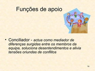 14
Funções de apoio
• Conciliador - actua como mediador de
diferenças surgidas entre os membros da
equipa, soluciona desentendimentos e alivia
tensões oriundas de conflitos
 