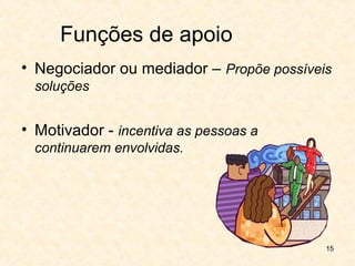 15
Funções de apoio
• Negociador ou mediador – Propõe possíveis
soluções
• Motivador - incentiva as pessoas a
continuarem envolvidas.
 