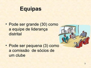 3
Equipas
• Pode ser grande (30) como
a equipe de liderança
distrital
• Pode ser pequena (3) como
a comissão de sócios de
um clube
 