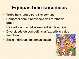 6
Equipas bem-sucedidas
• Trabalham juntos para fins comuns
• Compreendem a relevância das tarefas do
grupo
• Respeito mútuo pelos elementos da equipa
• Diversidade de competências/experiência dos
membros
• Estilo individual de comunicação
 