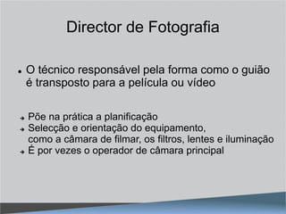 Director de Fotografia

   O técnico responsável pela forma como o guião
    é transposto para a película ou vídeo

   Põe na prática a planificação
   Selecção e orientação do equipamento,
    como a câmara de filmar, os filtros, lentes e iluminação
   É por vezes o operador de câmara principal
 