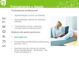 Treinamento e Apoio Treinamento profissional Apresentações on-line via Internet Apresentações diárias em diversos idiomas Treinamento on-line + diversos eventos locais e internacionais S  U  P  O  R  T E Sistema de apoio exclusivo www.agel.com   Ferramentas de Marketing profissionais, revistas, CD’s Controle total de volume de vendas, novos distribuidores , comissões , etc Tudo via Internet !!  