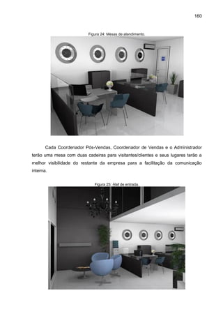 160

Figura 24: Mesas de atendimento.

Cada Coordenador Pós-Vendas, Coordenador de Vendas e o Administrador
terão uma mesa com duas cadeiras para visitantes/clientes e seus lugares terão a
melhor visibilidade do restante da empresa para a facilitação da comunicação
interna.
Figura 25: Hall de entrada.

 