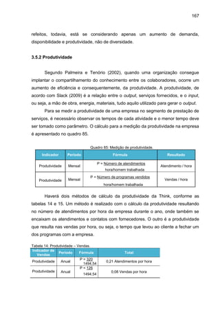167

refeitos, todavia, está se considerando apenas um aumento de demanda,
disponibilidade e produtividade, não de diversidade.

3.5.2 Produtividade

Segundo Palmeira e Tenório (2002), quando uma organização consegue
implantar o compartilhamento do conhecimento entre os colaboradores, ocorre um
aumento de eficiência e consequentemente, da produtividade. A produtividade, de
acordo com Slack (2009) é a relação entre o output, serviços fornecidos, e o input,
ou seja, a mão de obra, energia, materiais, tudo aquilo utilizado para gerar o output.
Para se medir a produtividade de uma empresa no segmento de prestação de
serviços, é necessário observar os tempos de cada atividade e o menor tempo deve
ser tomado como parâmetro. O cálculo para a medição da produtividade na empresa
é apresentado no quadro 85.
Quadro 85: Medição de produtividade.
Indicador

Período

Produtividade

Fórmula

Mensal

..P = Número de atendimentos

Resultado
Atendimento / hora

hora/homem trabalhada
Produtividade
.

Mensal

P = Número de programas vendidos

Vendas / hora

hora/homem trabalhada

Haverá dois métodos de cálculo da produtividade da Think, conforme as
tabelas 14 e 15. Um método é realizado com o cálculo da produtividade resultando
no número de atendimentos por hora da empresa durante o ano, onde também se
encaixam os atendimentos e contatos com fornecedores. O outro é a produtividade
que resulta nas vendas por hora, ou seja, o tempo que levou ao cliente a fechar um
dos programas com a empresa.
Tabela 14: Produtividade – Vendas.
Indicador de
Período
Fórmula
Vendas
P = 320
Produtividade
Anual
...... 1494,54
P = 126
Produtividade
Anual
..... 1494,54
.

Total
0,21 Atendimentos por hora
0,08 Vendas por hora

 