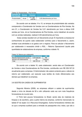 168

Tabela 15: Produtividade – Pós-Vendas.
Indicador de
Período
Fórmula
Pós-Vendas
P = 126
Produtividade
Anual
....2699,88

Total
0,05 Atendimentos por hora

De acordo com as tabelas 14 e 15, os tempos de produtividade são variados
comparando o Coordenador de Vendas com os Coordenadores de Pós-Vendas. No
ano 01, o Coordenador de Vendas faz 0,21 atendimento por hora e efetua 0,08
vendas por hora. Já os Coordenadores de Pós-Vendas, como trabalham de acordo
com as vendas realizadas, realizam 0,05 atendimentos por hora.
Estas vendas resultam em um faturamento anual. É importante a empresa ter
conhecimento de quanto cada colaborador contribui para o faturamento e, assim,
analisar suas atividades e os gastos com o negócio. Para se calcular o faturamento
por colaborador é necessário dividir o ROL – Retorno Operacional Líquido pela
quantidade de colaboradores da empresa, conforme a tabela 16.
Tabela 16: Retorno por colaborador.
Item
Valor/Quantidade
UM
Receita Operacional Líquida
1.077.502,00
R$
Número de colaboradores
03
Pessoas
Total
359.167,33
R$

De acordo com a tabela 16, cada colaborador, sendo eles um Coordenador
de Vendas e dois Coordenadores de Pós-Vendas, contribuirão com R$ 359.167,33
anualmente para a empresa. O Administrador não estará contando para o cálculo do
retorno por colaborador, por executar suas tarefas de modo diferenciados aos
demais que trabalham na empresa.

3.6 GESTÃO DA CADEIA DE SUPRIMENTOS

Segundo Moreira (2008), as empresas utilizam a cadeia de suprimentos
desde o início da década de 90 e vêm utilizando cada vez com mais frequência
fornecedores do mundo todo.
A Think terá poucos fornecedores no Brasil, sendo eles de materiais de
limpeza e de escritório, para a parte interna da empresa, conforme mencionado na
tabela 07 da seção 3.2.3 Recursos Empregados. Outros fornecedores indiretos são
os que a empresa auxiliará para a emissão de passaportes e/ou vistos, que são a

 
