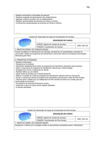 182

- Realizar admissões e demissões de pessoal;
- Realizar avaliação de desempenho dos colaboradores;
- Agendar e liderar reuniões com os colaboradores;
- Realizar apresentações da empresa em feiras e eventos;
- Confeccionar apresentações da empresa em feiras e eventos.

Quadro 93: Descrição de Cargo do Coordenador de Vendas.
DESCRIÇÃO DE CARGO
CARGO: Agente de vendas de serviços
FUNÇÃO: Coordenador de Vendas

CBO: 3541-20

1. OBJETIVO GERAL DO CARGO/FUNÇÃO
Possuir excelência no atendimento aos clientes, percebendo as necessidades e desejos do
consumidor. Ofertar os programas de intercâmbio e comunicar sobre as novidades e promoções
oferecidas pela Think.
2. PRINCIPAIS ATIVIDADES
- Realizar prospecção;
- Recepcionar os clientes;
- Apresentar detalhadamente todos os programas de intercâmbio oferecidos pela empresa;
- Gerar o orçamento do programa de intercâmbio cultural que o cliente deseja;
- Entregar e/ou enviar o orçamento ao cliente;
- Realizar follow up com cliente;
- Sanar todas as dúvidas que o cliente possa ter;
- Efetuar o contrato de venda do programa de intercâmbio cultural conforme orçamento;
- Enviar o contrato de venda do programa de intercâmbio cultural para o setor de Pós-Vendas;
- Informar para o cliente que um colaborador do Pós-Vendas irá entrar em contato para dar
continuidade ao processo;
- Providenciar os assuntos financeiros iniciais;
- Gerenciar o site e as redes sociais digitais utilizadas;
- E demais atividades.

Quadro 94: Descrição de Cargo do Coordenador de Pós-Vendas.
DESCRIÇÃO DE CARGO
CARGO: Agente de vendas de serviços
FUNÇÃO: Coordenador de Pós-Vendas

CBO: 3541-20

1. OBJETIVO GERAL DO CARGO/FUNÇÃO
Assessorar o cliente com a cotação e todos os documentos necessários para o intercâmbio.

 