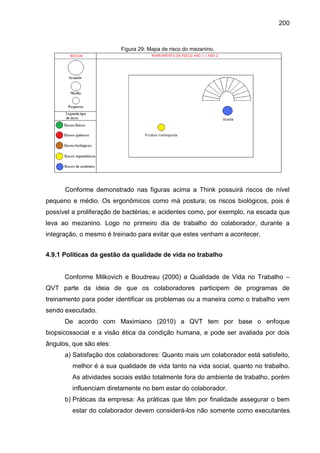 200

Figura 29: Mapa de risco do mezanino.

Conforme demonstrado nas figuras acima a Think possuirá riscos de nível
pequeno e médio. Os ergonômicos como má postura; os riscos biológicos, pois é
possível a proliferação de bactérias; e acidentes como, por exemplo, na escada que
leva ao mezanino. Logo no primeiro dia de trabalho do colaborador, durante a
integração, o mesmo é treinado para evitar que estes venham a acontecer.
4.9.1 Políticas da gestão da qualidade de vida no trabalho
Conforme Milkovich e Boudreau (2000) a Qualidade de Vida no Trabalho –
QVT parte da ideia de que os colaboradores participem de programas de
treinamento para poder identificar os problemas ou a maneira como o trabalho vem
sendo executado.
De acordo com Maximiano (2010) a QVT tem por base o enfoque
biopsicossocial e a visão ética da condição humana, e pode ser avaliada por dois
ângulos, que são eles:
a) Satisfação dos colaboradores: Quanto mais um colaborador está satisfeito,
melhor é a sua qualidade de vida tanto na vida social, quanto no trabalho.
As atividades sociais estão totalmente fora do ambiente de trabalho, porém
influenciam diretamente no bem estar do colaborador.
b) Práticas da empresa: As práticas que têm por finalidade assegurar o bem
estar do colaborador devem considerá-los não somente como executantes

 