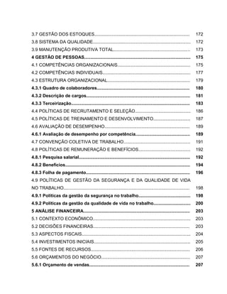 21

3.7 GESTÃO DOS ESTOQUES.............................................................................

172

3.8 SISTEMA DA QUALIDADE...............................................................................

172

3.9 MANUTENÇÃO PRODUTIVA TOTAL..............................................................

173

4 GESTÃO DE PESSOAS......................................................................................

175

4.1 COMPETÊNCIAS ORGANIZACIONAIS...........................................................

175

4.2 COMPETÊNCIAS INDIVIDUAIS.......................................................................

177

4.3 ESTRUTURA ORGANIZACIONAL...................................................................

179

4.3.1 Quadro de colaboradores...........................................................................

180

4.3.2 Descrição de cargos....................................................................................

181

4.3.3 Terceirização................................................................................................

183

4.4 POLÍTICAS DE RECRUTAMENTO E SELEÇÃO.............................................

186

4.5 POLÍTICAS DE TREINAMENTO E DESENVOLVIMENTO..............................

187

4.6 AVALIAÇÃO DE DESEMPENHO.....................................................................

189

4.6.1 Avaliação de desempenho por competência............................................

189

4.7 CONVENÇÃO COLETIVA DE TRABALHO......................................................

191

4.8 POLÍTICAS DE REMUNERAÇÃO E BENEFÍCIOS..........................................

192

4.8.1 Pesquisa salarial..........................................................................................

192

4.8.2 Benefícios.....................................................................................................

194

4.8.3 Folha de pagamento....................................................................................

196

4.9 POLÍTICAS DE GESTÃO DA SEGURANÇA E DA QUALIDADE DE VIDA
NO TRABALHO......................................................................................................

198

4.9.1 Políticas da gestão da segurança no trabalho..........................................

198

4.9.2 Políticas da gestão da qualidade de vida no trabalho..............................

200

5 ANÁLISE FINANCEIRA......................................................................................

203

5.1 CONTEXTO ECONÔMICO...............................................................................

203

5.2 DECISÕES FINANCEIRAS..............................................................................

203

5.3 ASPECTOS FISCAIS........................................................................................

204

5.4 INVESTIMENTOS INICIAIS..............................................................................

205

5.5 FONTES DE RECURSOS................................................................................

206

5.6 ORÇAMENTOS DO NEGÓCIO........................................................................

207

5.6.1 Orçamento de vendas.................................................................................

207

 