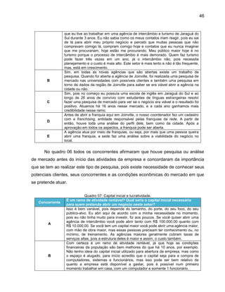 46

B

C

D

E

que eu tive ao trabalhar em uma agência de intercâmbio e turismo de Jaraguá do
Sul durante 3 anos. Eu não sabia como os meus contatos iriam reagir, pois eu sai
de lá para abrir meu próprio negócio e percebi que muitas pessoas que não
compravam comigo lá, compram comigo hoje e contatos que eu nunca imaginei
que me procurariam, hoje estão me procurando. Meu público maior hoje é no
turismo porque o processo de intercâmbio é mais demorado. Quem faz turismo
pode fazer três vezes em um ano, já o intercâmbio não, pois necessita
planejamento e o custo é mais alto. Este setor é mais lento e não é tão frequente,
mas, está em crescimento.
Sim, em todas as novas agências que são abertas existe um trabalho de
pesquisa. Quando foi aberta a agência de Joinville, foi realizada uma pesquisa de
mercado nas universidades com possíveis clientes e também uma pesquisa em
torno de dados da região de Joinville para saber se era viável abrir a agência na
cidade ou não.
Sim, pois no começo eu possuía uma escola de inglês em Jaraguá do Sul e ao
longo de 26 anos de convívio com estudantes de línguas estrangeiras resolvi
fazer uma pesquisa de mercado para ver se o negócio era viável e o resultado foi
positivo. Atuamos há 16 anos nesse mercado, e a cada ano ganhamos mais
credibilidade nesse ramo.
Antes de abrir a franquia aqui em Joinville, o nosso coordenador fez um cadastro
com a franchising, entidade responsável pelas franquias da rede. A partir de
então, houve toda uma análise do perfil dele, bem como da cidade. Após a
aprovação em todos os aspectos, a franquia pode ser aberta.
A agência atua por meio de franquias, ou seja, por mais que uma pessoa queira
abrir uma franquia, a sede faz uma análise sobre a viabilidade do negócio no
local.

No quadro 06 todos os concorrentes afirmaram que houve pesquisa ou análise
de mercado antes do início das atividades da empresa e concordaram da importância
que se tem ao realizar este tipo de pesquisa, pois existe necessidade de conhecer seus
potenciais clientes, seus concorrentes e as condições econômicas do mercado em que
se pretende atuar.

Concorrente

A

B

Quadro 07: Capital inicial e lucratividade.
É um ramo de atividade rentável? Qual seria o capital inicial necessário
para quem pretende abrir um negócio neste setor?
Isso é bem variável, pois depende do tamanho, do porte, do seu foco, do seu
público-alvo. Eu abri aqui de acordo com a minha necessidade no momento,
pois eu não tinha muito para investir, fiz aos poucos. Se você quiser abrir uma
agência de intercâmbio você pode abrir tanto com R$ 100.000,00 quanto com
R$ 10.000,00. Se você tem um capital maior você pode abrir uma agência maior,
com mão de obra maior, mas essas pessoas precisam ter conhecimento ou, no
mínimo, de treinamento. As agências maiores geralmente cobram taxas de
serviços altas, pois a estrutura deles é maior e assim, o custo também.
Com certeza é um ramo de atividade rentável, já que hoje as condições
financeiras da população são bem melhores do que há 10 anos, por exemplo.
Não tenho ideia do capital inicial utilizado para abertura da empresa, mas como
o espaço é alugado, para início acredito que o capital seja para a compra de
computadores, sistemas e funcionários, mas isso pode ser bem relativo de
quanto a empresa está disponível a gastar, pois é possível num primeiro
momento trabalhar em casa, com um computador e somente 1 funcionário.

 