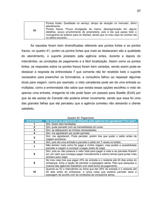 67

10

Pontos fortes: Qualidade no serviço, tempo de atuação no mercado, ótimo
atendimento.
Pontos fracos: Pouca divulgação da marca, desorganização em alguns
detalhes, pouco envolvimento da proprietária, pois é ela que passa todo o
cronograma do exterior para os clientes, sendo que no meu caso só conheci ela
no último encontro.

As repostas foram bem diversificadas referente aos pontos fortes e os pontos
fracos, no quadro 41, porém os pontos fortes que mais se destacaram são a qualidade
do atendimento, o suporte prestado pela agência antes, durante e depois do
intercâmbio, as condições de pagamento e a fácil localização. Assim como os pontos
fortes, as respostas sobre os pontos fracos foram bem variadas, sendo assim pode-se
destacar a resposta da entrevistada 7 que comenta não ter recebido todo o suporte
necessário para preencher os formulários, a consultora falhou ao repassar algumas
dicas para viagem, como por exemplo, o visto canadense pode ser de uma entrada ou
múltiplas, como a entrevistada não sabia que existia essas opções escolheu o visto de
apenas uma entrada, chegando lá não pode fazer um passeio para Seattle (EUA) por
que se ela saísse do Canadá não poderia entrar novamente, sendo que essa foi uma
das grandes falhas que ela percebeu que a agência cometeu não deixando o cliente
satisfeito.

Entrevistado
1
2
3
4
5
6
7
8

9

10

Quadro 42: Pagamento.
As formas de pagamento utilizadas pela agência lhe agradaram? Por quê?
Sim, foram bem facilitadas.
Sim, pude parcelar com as mensalidades do curso.
Sim, se adequaram as minhas necessidades.
Sim, me agradaram por poder parcelar.
Sim, me agradaram. Pude parcelar, porém tive que quitar o saldo antes da
viagem acontecer.
Sim, pois dei uma entrada e parcelei o saldo em 7 vezes no boleto.
Não lembro mais como foi paga a minha viagem, mas existia a possibilidade
parcelar a viagem e começar a pagar antes de viajar.
Sim, pois eu não possuía o valor total para pagar à vista e as parcelas ficaram
em um valor que consegui pagar mensalmente e sobrou tempo para juntar mais
dinheiro para viajar.
No meu caso tive que pagar 25% de entrada e o restante até 40 dias antes do
embarque, tinha a opção de parcelar a passagem aérea. Pelo que pesquisei a
maioria das agências trabalham com esta forma de pagamento.
Quando eu fiz o intercâmbio eu tinha que dar 25% de entrada e o restante até
40 dias antes do embarque, a única coisa que poderia parcelar seria a
passagem de acordo com as condições da companhia aérea.

 