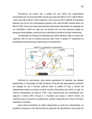 95

Percebe-se, de acordo com o gráfico 06, que 45,5% dos respondentes
mencionaram ter uma renda familiar mensal que varia entre R$ 2.712,01 e R$ 6.780,00,
15,6% entre R$ 6.780,01 e R$ 13.560,00 e 4,3% acima de R$ 13.560,00. É importante
destacar que 34,5% dos entrevistados possuem uma renda familiar mensal abaixo de
R$ 2.712,00, motivo que pode possivelmente proporcionar dificuldades na realização de
um intercâmbio, tendo em vista que, de acordo com as duas primeiras etapas da
pesquisa mercadológica, verificou-se que intercâmbio é sinônimo de alto investimento.
A localização da empresa é importante para obter clientes e estar no centro dos
negócios, afim de que os clientes procurem pela Think. O gráfico 07 representa as
localizações das pessoas que responderam ao questionário.
Gráfico 07: Localização dos respondentes.

Conforme já mencionado, este estudo quantitativo foi realizado nas cidades
pertencentes a microrregião do Vale do Itapocu. Pelo fato dos pesquisadores residirem
em Jaraguá do Sul e Corupá, pode-se notar no gráfico 07 que o número de
respondentes destes municípios é maior, quando comparados aos outros, ou seja, os
mesmos representam um total de 71,9%. Logo, deve-se levar em consideração que,
segundo o Censo 2010, Corupá é o município que possui o menor número de
indivíduos que se encaixam no público-alvo, quando comparado aos outros municípios
presentes na amostra.
Após serem levantados os dados relacionados ao perfil dos respondentes, as
questões começaram a ser direcionadas ao segmento de intercâmbios, como pode ser

 