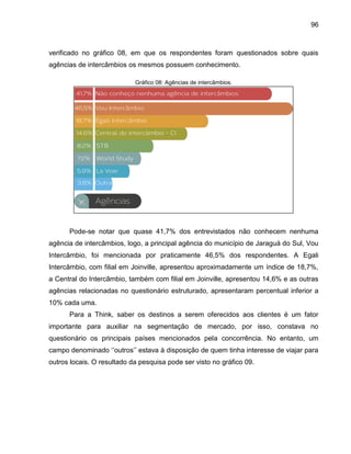 96

verificado no gráfico 08, em que os respondentes foram questionados sobre quais
agências de intercâmbios os mesmos possuem conhecimento.
Gráfico 08: Agências de intercâmbios.

Pode-se notar que quase 41,7% dos entrevistados não conhecem nenhuma
agência de intercâmbios, logo, a principal agência do município de Jaraguá do Sul, Vou
Intercâmbio, foi mencionada por praticamente 46,5% dos respondentes. A Egali
Intercâmbio, com filial em Joinville, apresentou aproximadamente um índice de 18,7%,
a Central do Intercâmbio, também com filial em Joinville, apresentou 14,6% e as outras
agências relacionadas no questionário estruturado, apresentaram percentual inferior a
10% cada uma.
Para a Think, saber os destinos a serem oferecidos aos clientes é um fator
importante para auxiliar na segmentação de mercado, por isso, constava no
questionário os principais países mencionados pela concorrência. No entanto, um
campo denominado ‘’outros’’ esta a à disposiç o de uem tinha interesse de iajar para
outros locais. O resultado da pesquisa pode ser visto no gráfico 09.

 