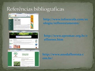 http://www.infoescola.com/ec
ologia/reflorestamento/
http://www.apromac.org.br/r
eflor001.htm
http://www.anodafloresta.c
om.br/
 