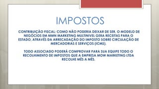 IMPOSTOS
CONTRIBUIÇÃO FISCAL: COMO NÃO PODERIA DEIXAR DE SER, O MODELO DE
NEGÓCIOS EM MMN MARKETING MULTINIVEL GERA RECEITAS PARA O
ESTADO, ATRAVÉS DA ARRECADAÇÃO DO IMPOSTO SOBRE CIRCULAÇÃO DE
MERCADORIAS E SERVIÇOS (ICMS).
TODO ASSOCIADO PODERÁ COMPROVAR PARA SUA EQUIPE TODO O
RECOLHIMENTO DE IMPOSTOS QUE A EMPRESA MOW MARKETING LTDA
RECOLHE MÊS A MÊS.
 