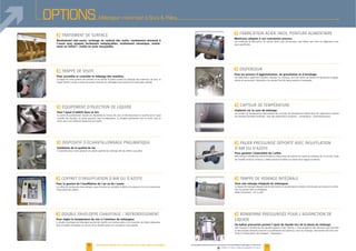 F
Pour garantir l'étanchéité de l'arbre.
EXISTE
SUR
MESURE
17
Pondéral
F
Revêtement anti-usure, recharge au carbure des outils, revêtement résistant à
l'usure avec plaques facilement remplaçables, revêtement céramique, revête-
ment en Teflon®, maille en acier inoxydable.
F
Pour surveiller et contrôler le mélange des matières.
16
F
Pour l'ajout d'additif dans le mix.
F
Validation de la qualité du lot.
F
Pour la gestion de l'insufflation de l'air ou de l'azote.
F
Pour régler la température du mix à l'intérieur du mélangeur.
F
Matériaux adaptés à vos contraintes process.
F
Pour les process d’agglomération, de granulation et d’enrobage.
F
Implanté sur la cuve de mélange.
Pour une vidange intégrale du mélangeur.
www.palamaticprocess.fr/machines-industrielles/melangeur-industriel
Vidéos & plans téléchargeables en ligne
F
F
Un ballon pressurisé permet l’ajout de liquide lors de la phase de mélange.
Notre bureau d’études est à votre écoute pour toutes options particulières.
OPTIONS Mélangeur monorotor à Socs & Pales
 