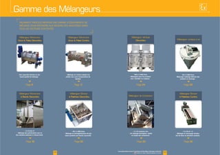 Gamme des Mélangeurs
Mélangeur Monorotor
Socs & Pales Discontinu
Mélangeur Monorotor
à Bande Discontinu
Des capacités élevées et une
haute qualité de mélange
2 à 8 lots/h.
Mélange des pulvérulents secs et
des matières pâteuses à vitesse lente
Page 6
Page 18
Mélangeur Birotor
à Palettes Continu
4 à 34 m³ /h.
Mélange et convoyage simulta-
nés de deux ou plusieurs produits
Page 32
Mélangeur Vertical
Discontinu
500 à 3 000 litres
Mélangeur pour les produits
secs, humides ou visqueux
Page 24
Mélangeur Birotor
à Palettes Discontinu
48 à 2 800 litres
Mélange et homogénéisation de plu-
sieurs produits par batchs successifs
Page 22
Mélangeur conique à vis
50 à 5 000 litres
Malaxage/mélange délicats des
produits et stockage
Page 28
Mélangeur de Conteneur
4 à 10 rotations/min.
Un mélange homogène, rapide
et simple des conteneurs
Page 30
02 03www.palamaticprocess.fr/machines-industrielles/melangeur-industriel
Vidéos & plans téléchargeables en ligne
Mélangeur Monorotor
Socs & Pales Continu
Mélange en continu adapté aux
solides secs avec incorporation de
liquides
Page 12
 