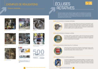 15
entre deux enceintes ayant une pression différentielle, tout en conservant une bonne étan-
de manutention pneumatique, pour les différentiels de pressions ou pour minimiser les jeux
mécaniques entre le rotor et le stator.
F
F
F
F
Les écluses rotatives à passage latéral ou direct ont été conçues pour répondre
à de nombreuses applications dans le dosage et le transport pneumatique des
-
chargement contrôlé des produits pulvérulents ou granulaires des silos, trémies,
installations de transport pneumatique, filtres à manches, cyclones. Cette écluse
sont très variables selon la coulabilité des produits.
-
lée, des pellets ou des flocons de bois depuis les silos, trémies, installations de
transport pneumatique, filtres à manches, cyclones.
Les écluses de dépoussiérage sont spécialement dédiées à une utilisation combi-
née avec les séparateurs de produits, silos, trémies, filtres à poussière, cyclones
de dépoussiérage ou encore des systèmes de dosage. Cette écluse convient pour
des applications industrielles simples et peu exigeantes. Sa fonction principale
est celle de sas.
ÉCLUSES
ROTATIVES
500
14
EXEMPLES DE RÉALISATIONS
Doseurs industriels
F FF
F
des eaux industrielles
F Découvrez nos équipements de dosage
en vidéo sur notre chaîne YouTube :
www.youtube.com/user/Palamaticpro-
cess
F
+ de 500 installations
pour des équipements de dosage en
FRANCE et à l’ÉTRANGER
F Technologies environnementalesF
Notre bureau d'études est à votre écoute pour toutes options particulières. www.palamaticprocess.fr/machines-industrielles/dosage
Vidéos & plans téléchargeables en ligne
EXISTE
SUR
MESURE
 