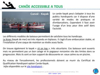 CANÖE ACCESSIBLE A TOUS
Les différents modèles de bateaux permettent de satisfaire tous les handicaps.
Le Kmer (kayak de m...